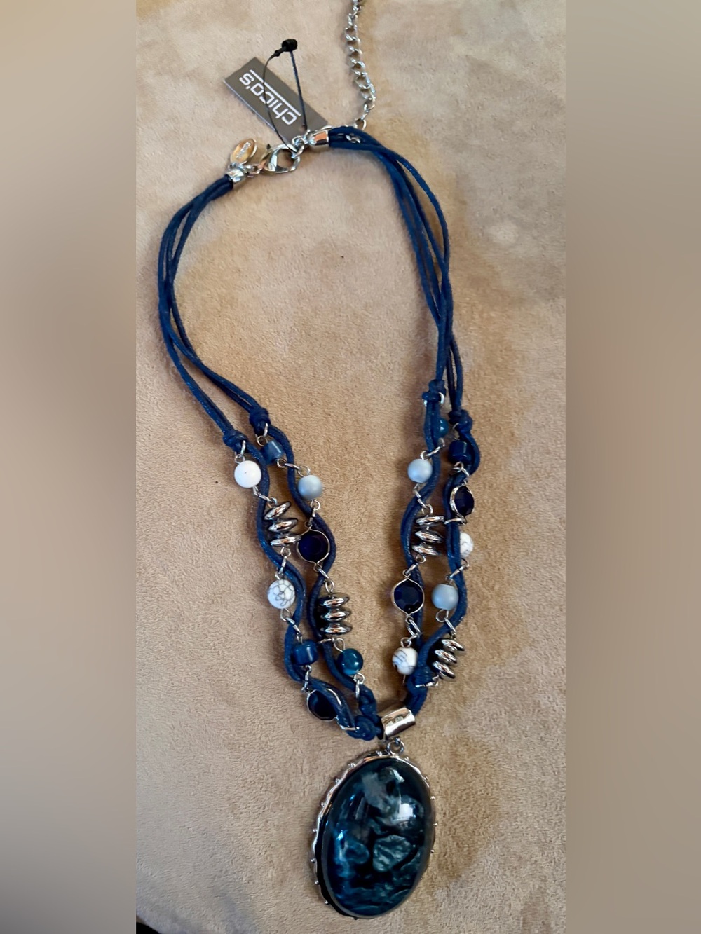 Chico's Blue Multi-Strand Beaded Pendant Necklace